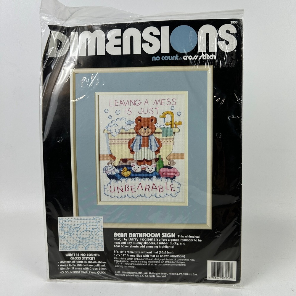 Vintage 1991 Dimensions 3956 "Bear Bathroom Sign" No Count Cross Stitch Kit 8x10